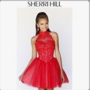 Sherri Hill Red Lace Homecoming Dress